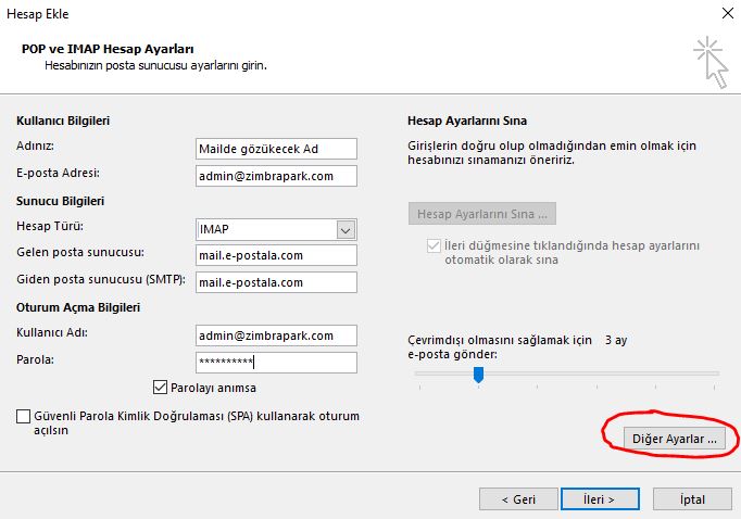 diğer ayarlar imap